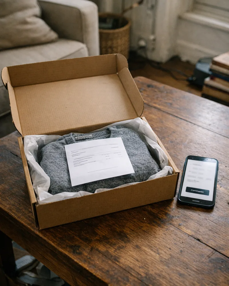 Colis ouvert sur une table de salon, avec un pull et un smartphone posé à côté