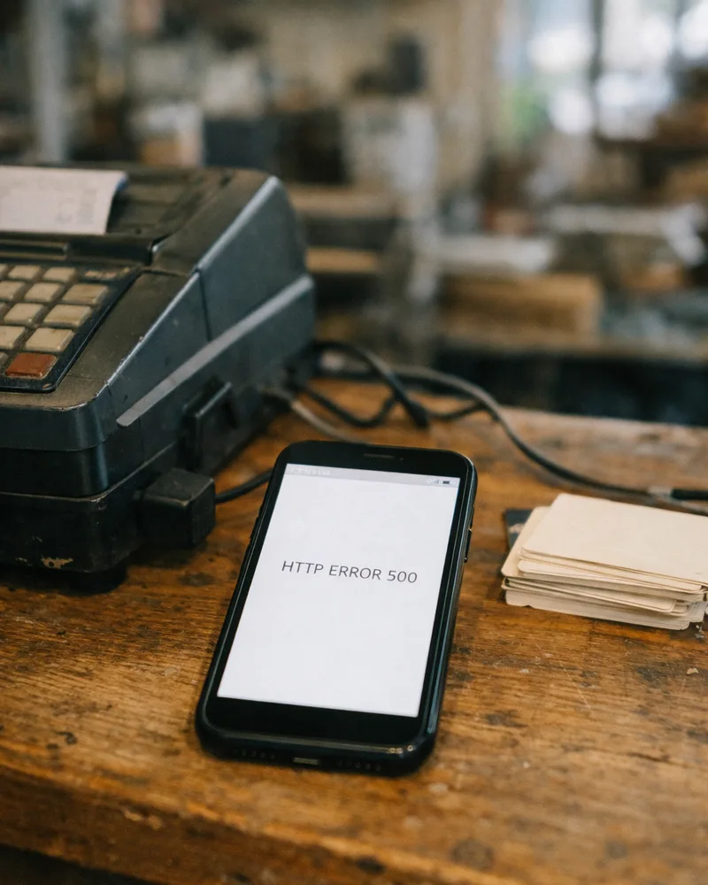 Smartphone posé sur un comptoir, affichant le message HTTP ERROR 500 du site de la boutique