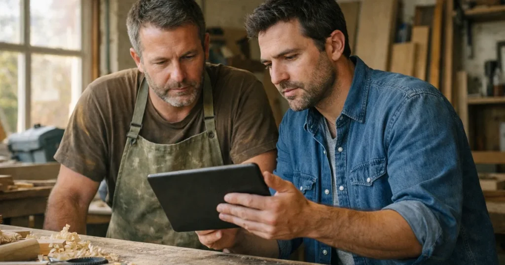 Artisan et conseiller examinant ensemble comment corriger la faille PHP sur une tablette