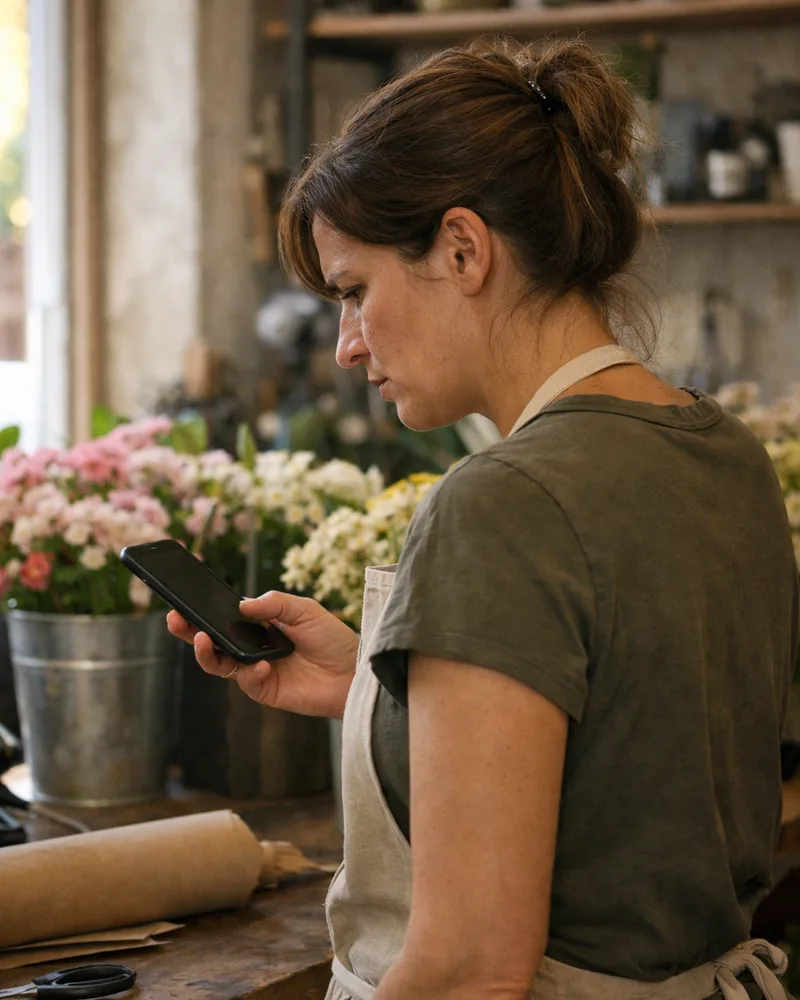 Fleuriste inquiète lisant un message sur son téléphone dans sa boutique