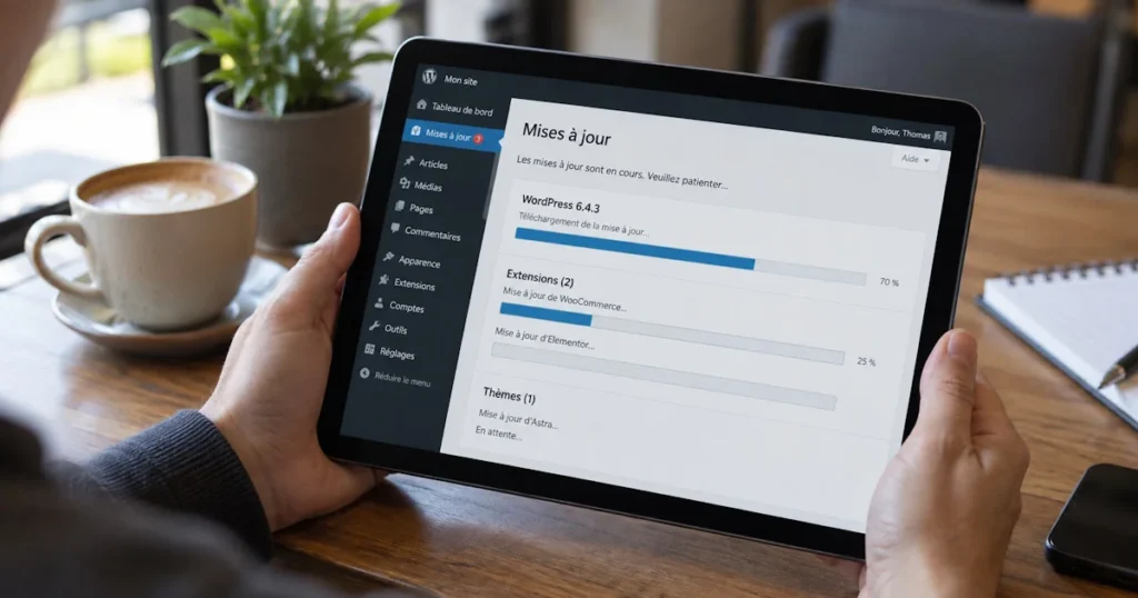 Mise à jour de WordPress, des extensions et du thème en cours sur une tablette